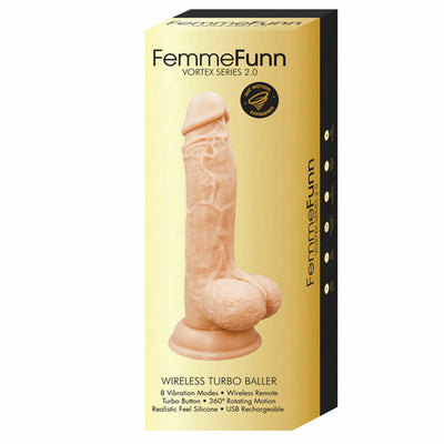 Femme Funn Wireless Turbo Rabbit 2.0 in realistic silicone with 8 vibration modes and 360-degree rotating motion packaging.