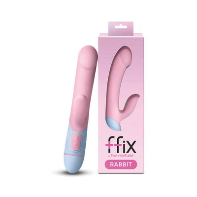 Pink and blue Femme Funn Ffix Rabbit vibrator next to its matching pink packaging box.