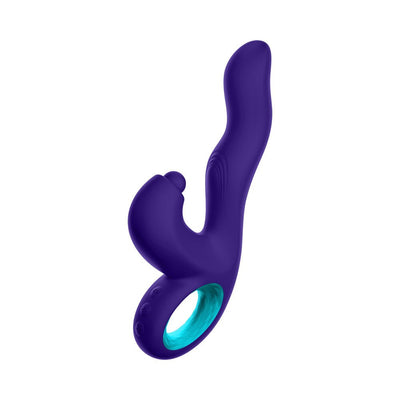 Dark purple ergonomic triple action vibrator with curved tip and textured handle ring in turquoise interior.