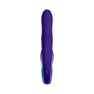 Dark purple ergonomic triple action vibrator with curved tip and smooth silicone finish, shown from front view.