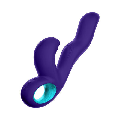 Dark purple silicone triple action rabbit vibrator with ergonomic handle and curved insertable tip.