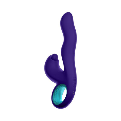 Dark purple triple action rabbit vibrator with ergonomic handle and curved tip for targeted stimulation.