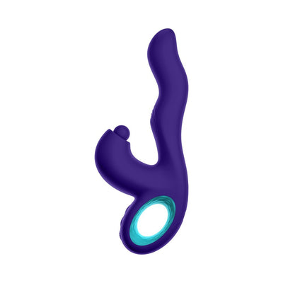 Dark purple ergonomic triple action rabbit vibrator with curved tip and turquoise handle ring.