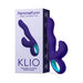 Dark purple FemmeFunn Klio triple action thumping rabbit vibrator with ergonomic handle and curved design next to its packaging box.