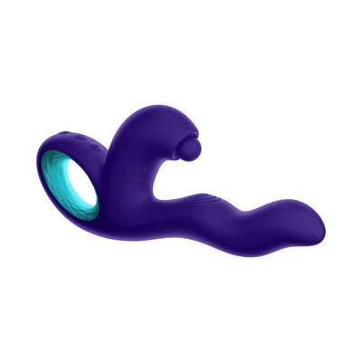 Dark purple Femmefunn Klio triple action rabbit vibrator with ergonomic handle and curved tip design.