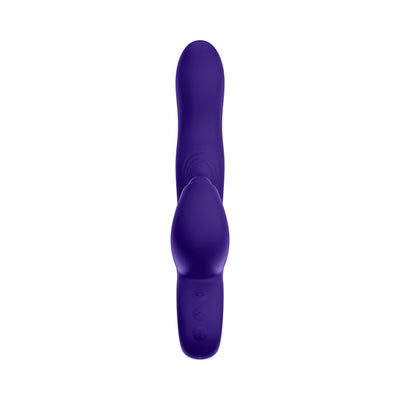 Dark purple triple action rabbit vibrator with ergonomic handle and curved tip for G-spot stimulation.