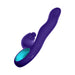 Dark purple ergonomic triple action vibrator with curved tip and textured blue handle insert.