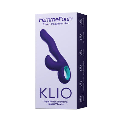Packaging of FemmeFunn Klio Dark Purple triple action thumping rabbit vibrator with ergonomic design and soft silicone material.