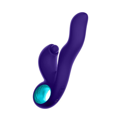 Dark purple triple action rabbit vibrator with ergonomic handle and curved insertable tip.