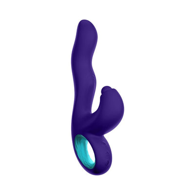 Dark purple triple action rabbit vibrator with ergonomic handle and curved tip for G-spot stimulation, featuring soft silicone material.