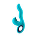 Blue ergonomic triple-action rabbit vibrator with curved insertable tip and circular handle.
