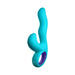 Blue ergonomic triple-action rabbit vibrator with curved insertable tip and textured handle ring.