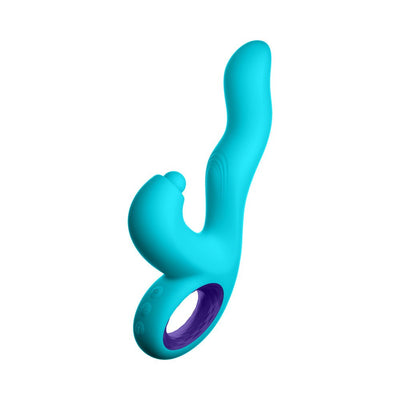 Blue ergonomic triple action vibrator with curved tip and ring handle, designed for G-spot and external stimulation.