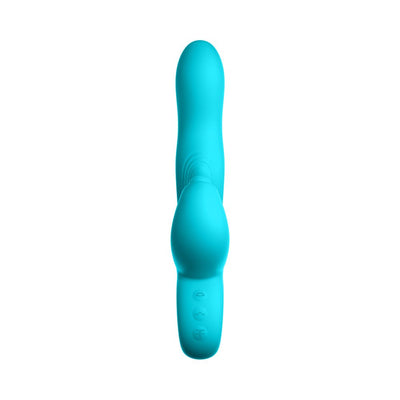 Blue silicone triple action rabbit vibrator with ergonomic handle and control buttons on white background.