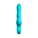 Blue silicone triple action rabbit vibrator with ergonomic handle and control buttons on white background.