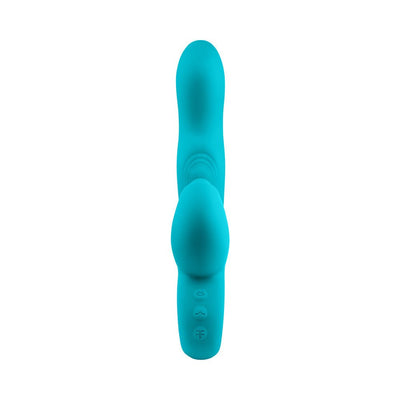 Blue silicone dual-action vibrator with ergonomic handle and control buttons on white background.