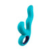 Blue ergonomic triple action rabbit vibrator with curved tip and textured handle ring.
