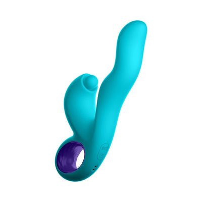 Blue ergonomic dual-stimulation vibrator with curved insertable tip and finger loop handle on white background.