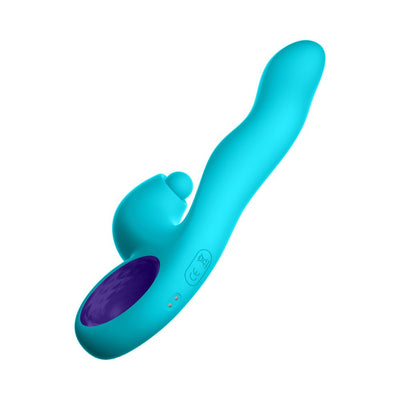 Blue ergonomic triple action rabbit vibrator with curved tip and purple textured handle insert.
