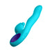 Blue ergonomic triple action rabbit vibrator with curved tip and purple textured handle insert.