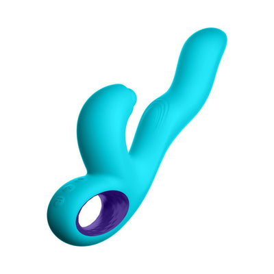 Blue ergonomic triple action rabbit vibrator with curved tip and textured handle ring interior in purple