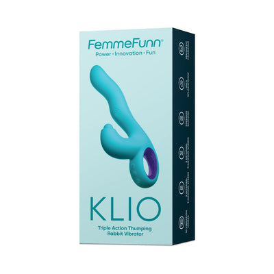 Packaging box of FemmeFunn Klio triple action thumping rabbit vibrator in teal with purple accent and product features listed.