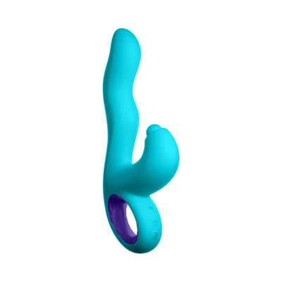 Blue ergonomic triple-action rabbit vibrator with curved tip and textured handle ring.