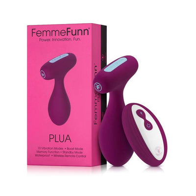 Femme Funn PLUA Plug in purple with wireless remote and pink packaging highlighting features and modes.
