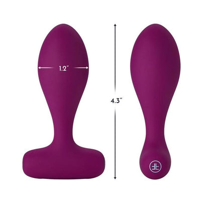Purple silicone Femme Funn PLUA Plug shown front and back with dimensions 4.3 inches long and 1.2 inches wide.
