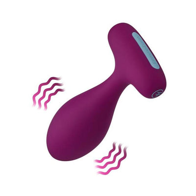 Purple silicone Femme Funn PLUA Plug with ergonomic shape and vibration waves illustration.