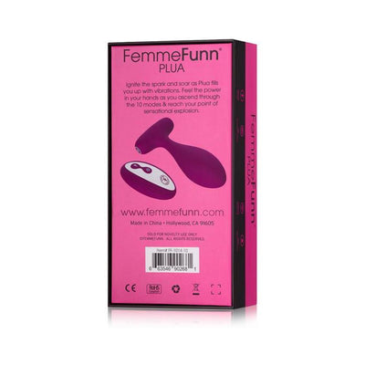 Femme Funn PLUA Plug packaging showing purple plug and remote on pink background with product details and website.