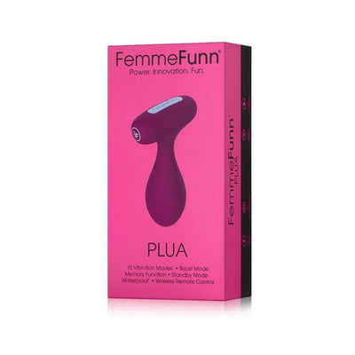 Femme Funn PLUA Plug in purple with ergonomic shape shown on bright pink packaging highlighting features and brand logo.
