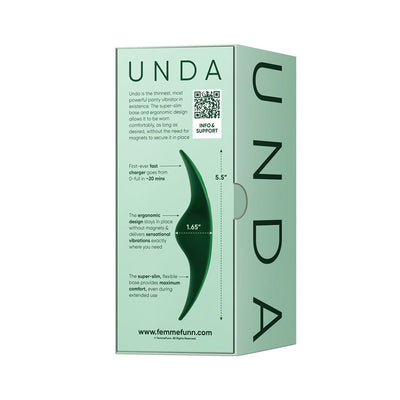 FemmeFunn Unda panty vibrator packaging in mint green with product dimensions and key features listed.