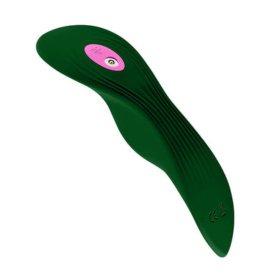 Slim, ergonomic dark green panty vibrator with textured ridges and a pink charging port detail.