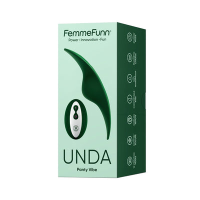 FemmeFunn Unda panty vibrator in dark green with wireless remote shown on light green and dark green packaging box.