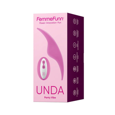 FemmeFunn Unda Panty Vibrator packaging in pink and purple with image of slim vibrator and wireless remote.