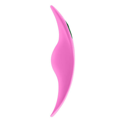 Slim, curved pink FemmeFunn Unda panty vibrator with ergonomic design and smooth surface shown from side view.