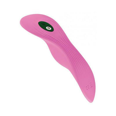 Pink ergonomic FemmeFunn Unda panty vibrator with textured surface and control button on top.