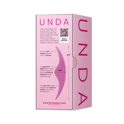 Pink FemmeFunn Unda panty vibrator packaging highlighting ergonomic design, fast charging, and super-slim comfort features.