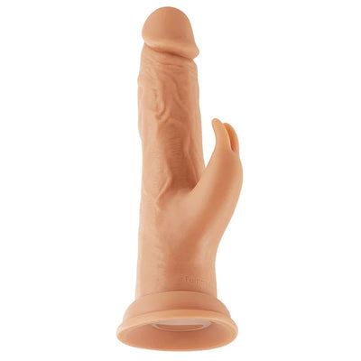 Realistic flesh-toned Turbo Rabbit vibrator with dual stimulating heads and suction base for hands-free use.