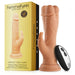 Flesh-tone wireless Turbo Rabbit vibrator with dual stimulating heads and remote control next to its yellow Femme Funn Vortex Series 2.0 packaging.