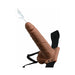 Realistic brown 7.5-inch hollow squirting strap-on with balls and adjustable black harness on white background.