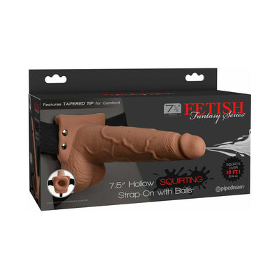 Packaging of Fetish Fantasy 7.5-inch hollow squirting strap-on with balls, showing realistic design and adjustable black harness.