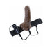 8-inch flesh-colored hollow strap-on with adjustable black elastic harness and wired remote control on white background.