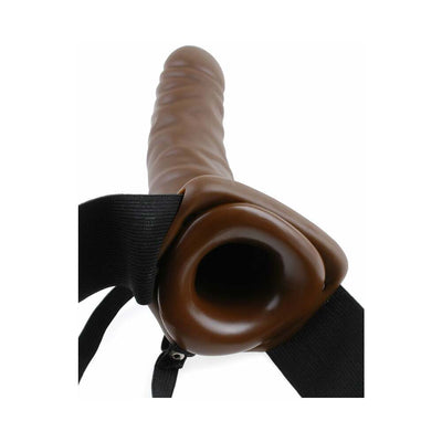 8-inch hollow flesh-colored strap-on with adjustable black elastic harness on white background.