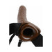 8-inch hollow flesh-colored strap-on with adjustable black elastic harness on white background.