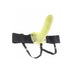 Glow-in-the-dark hollow strap-on with adjustable black elastic harness straps on white background