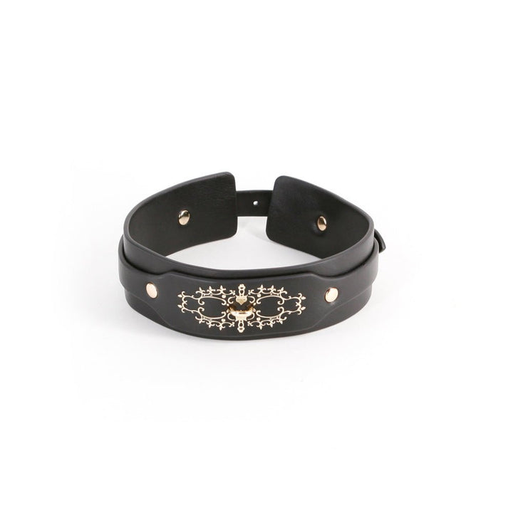 Black adjustable collar with intricate gold embellishments and a central D-ring, made from smooth PU material.