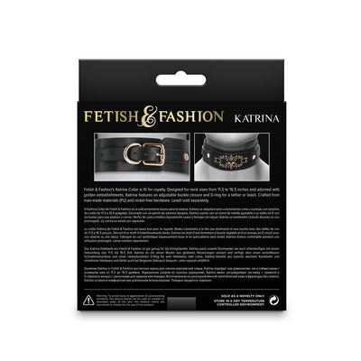Packaging of Fetish & Fashion Katrina Collar in black with gold embellishments, featuring adjustable buckle and D-ring details.