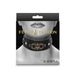 Packaging of Fetish & Fashion Katrina Collar in black with gold decorative details shown on a model's neck.